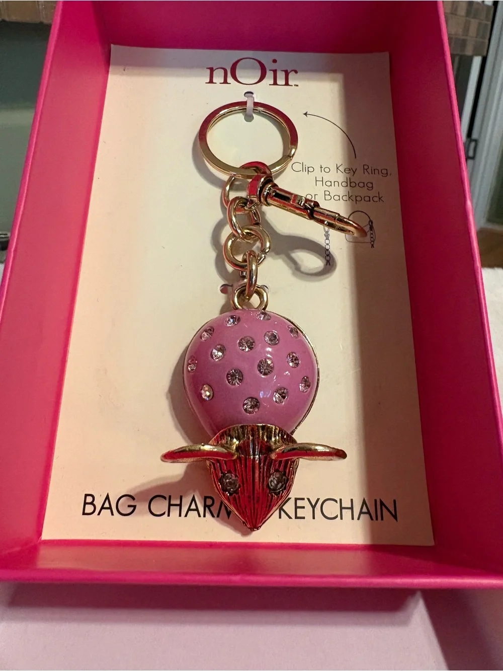 nOir Jewelry Pink Crystal Mouse Bag Charm with Gold Hardware